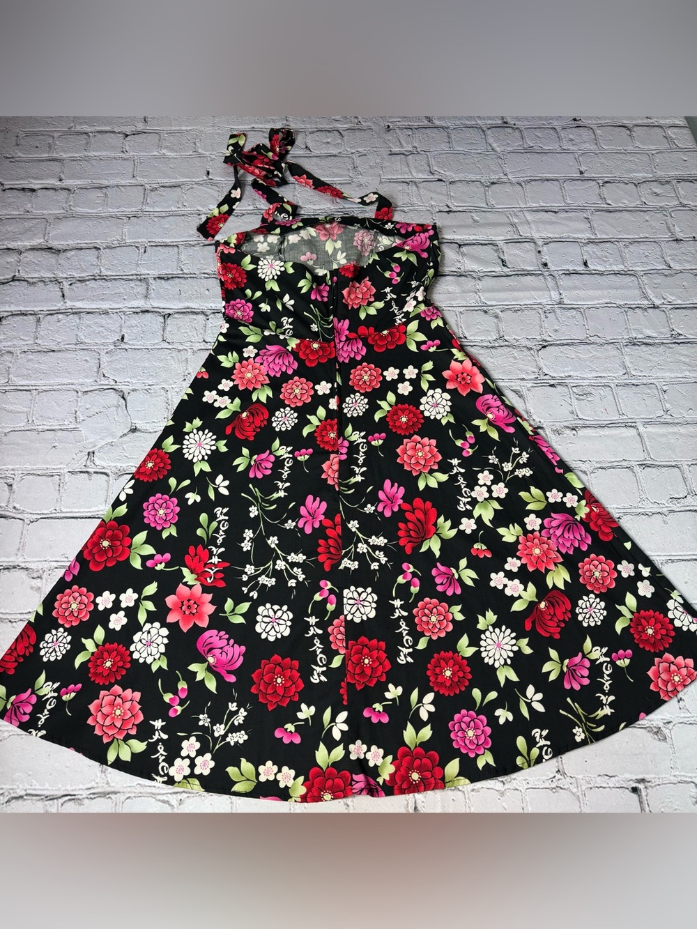 Xi Japanese Retro Style Black Floral Halter Dress Collared Square Neck Size S - Picture 3 of 7